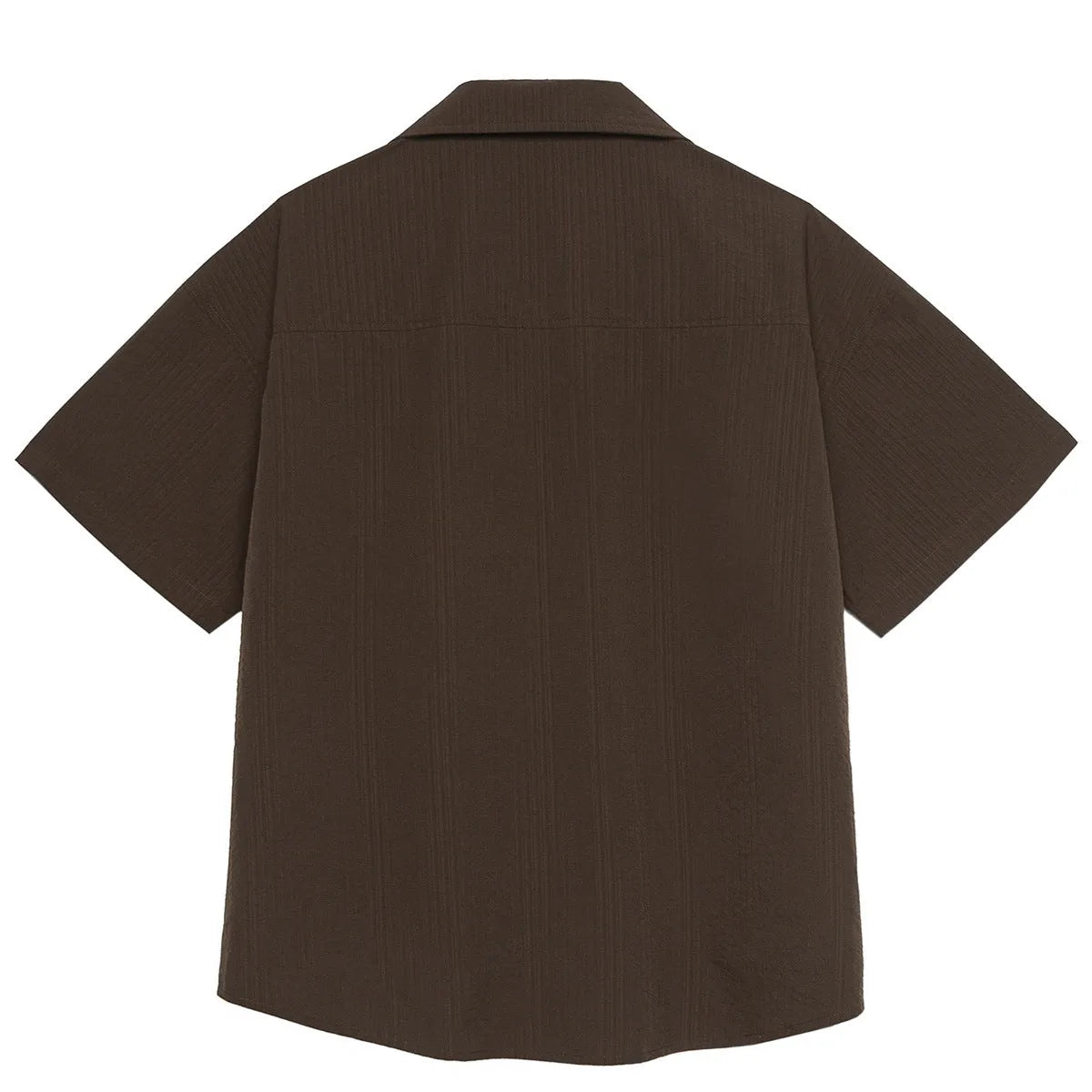 Brown striped men's short sleeve outdoor shirt with Cuban collar on a hanger