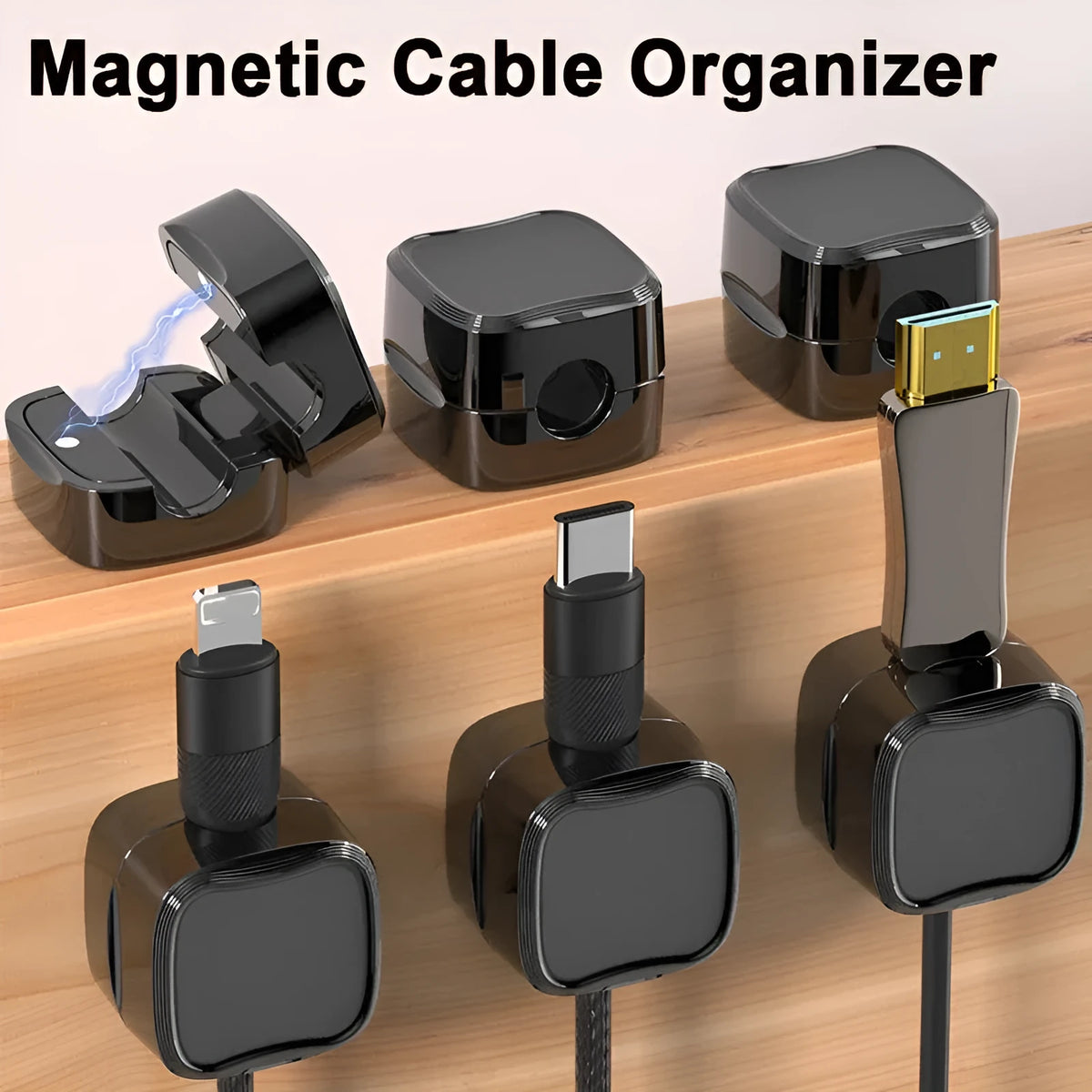 Magnetic cable clip under desk cable management holder in ABS with adhesive fixing, holding charging USB or HDMI cords