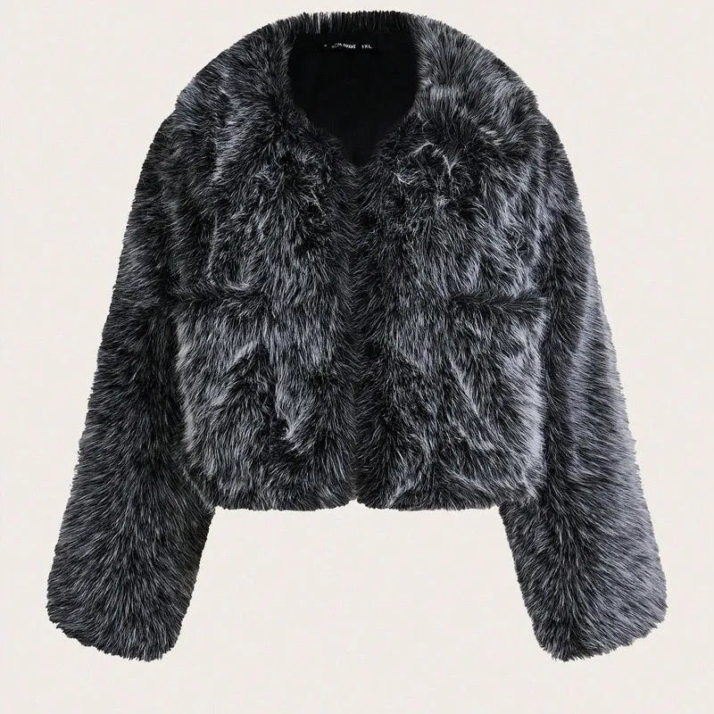 A woman's short-length artificial fur coat with a faux fur collar in a plush grey Maojian tea colour.