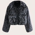 A woman's short-length artificial fur coat with a faux fur collar in a plush grey Maojian tea colour.