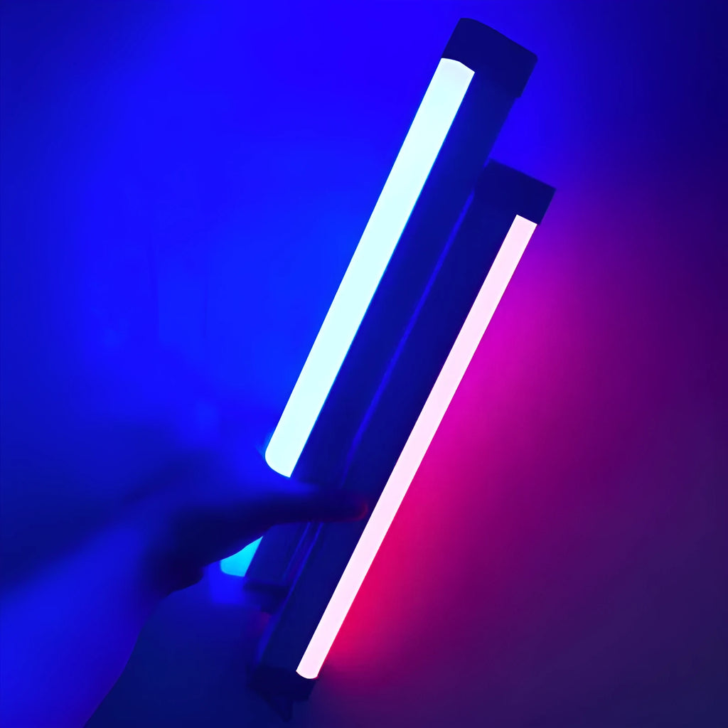 Rechargeable dimmable LED fill light tube in blue and purple colours with USB charging cable