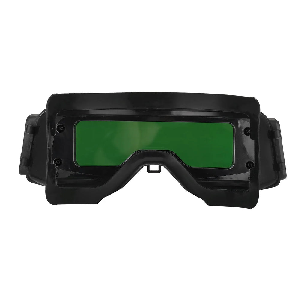 Black automatic darkening welding mask showing the large rectangular viewing lens.
