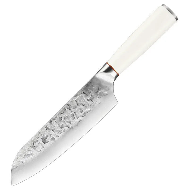 Hand-forged stainless steel kitchen knife set with 7 blades on a wooden cutting board