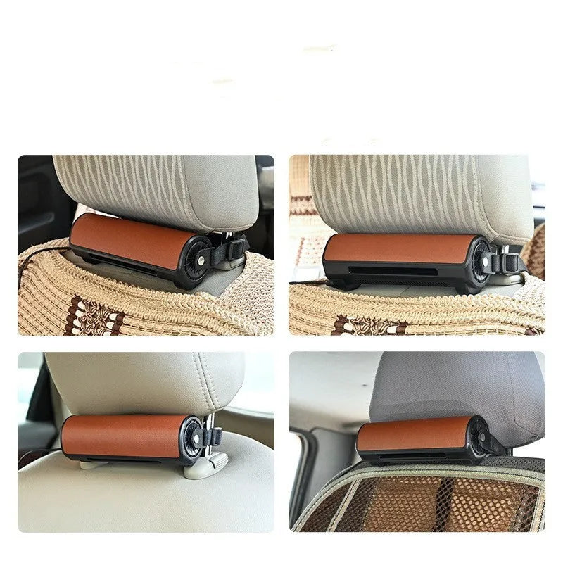 Bladeless car mounted fan with USB cable and three control buttons in black finish