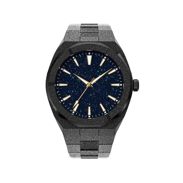 Stainless steel men's watch with 42mm dial, quartz movement, and butterfly buckle in gold colour
