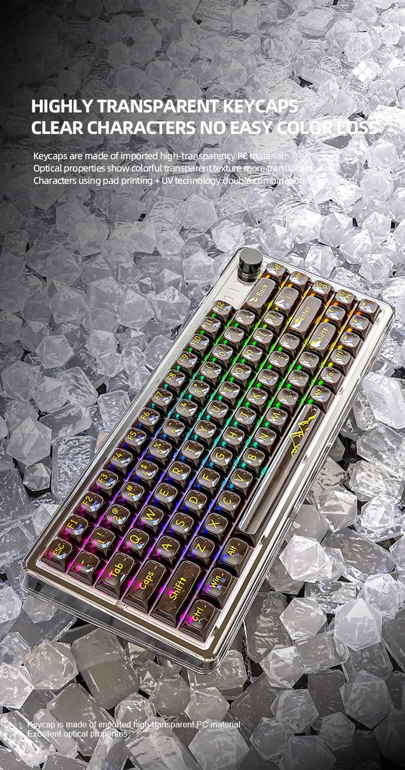 Attack Shark K75 RGB wireless mechanical keyboard with transparent black case showing RGB lighting and compact 75% layout