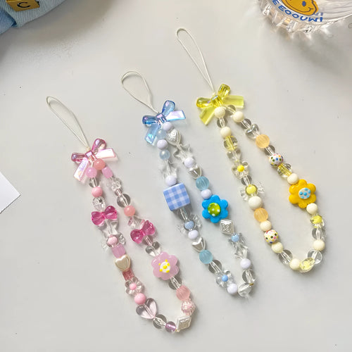 Beaded flower mobile phone lanyard with colourful plastic resin beads on adjustable rope