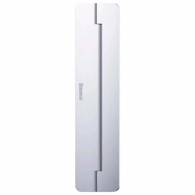 Invisible paste foldable computer stand in grey aluminum alloy, 227mm long, 3mm thick, folded flat on desk