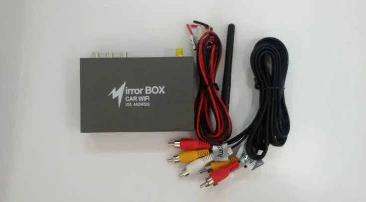Black Car Mirror Link Box Wi-Fi AV converter kit with host unit, power cable, antenna, and AV cable