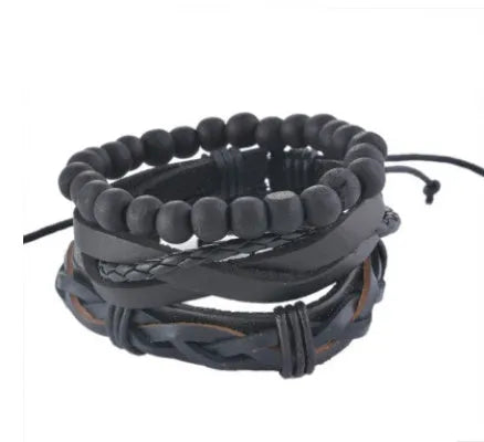 Handwoven adjustable leather bracelet with multilayer wooden beads and rope for a vintage punk style.
