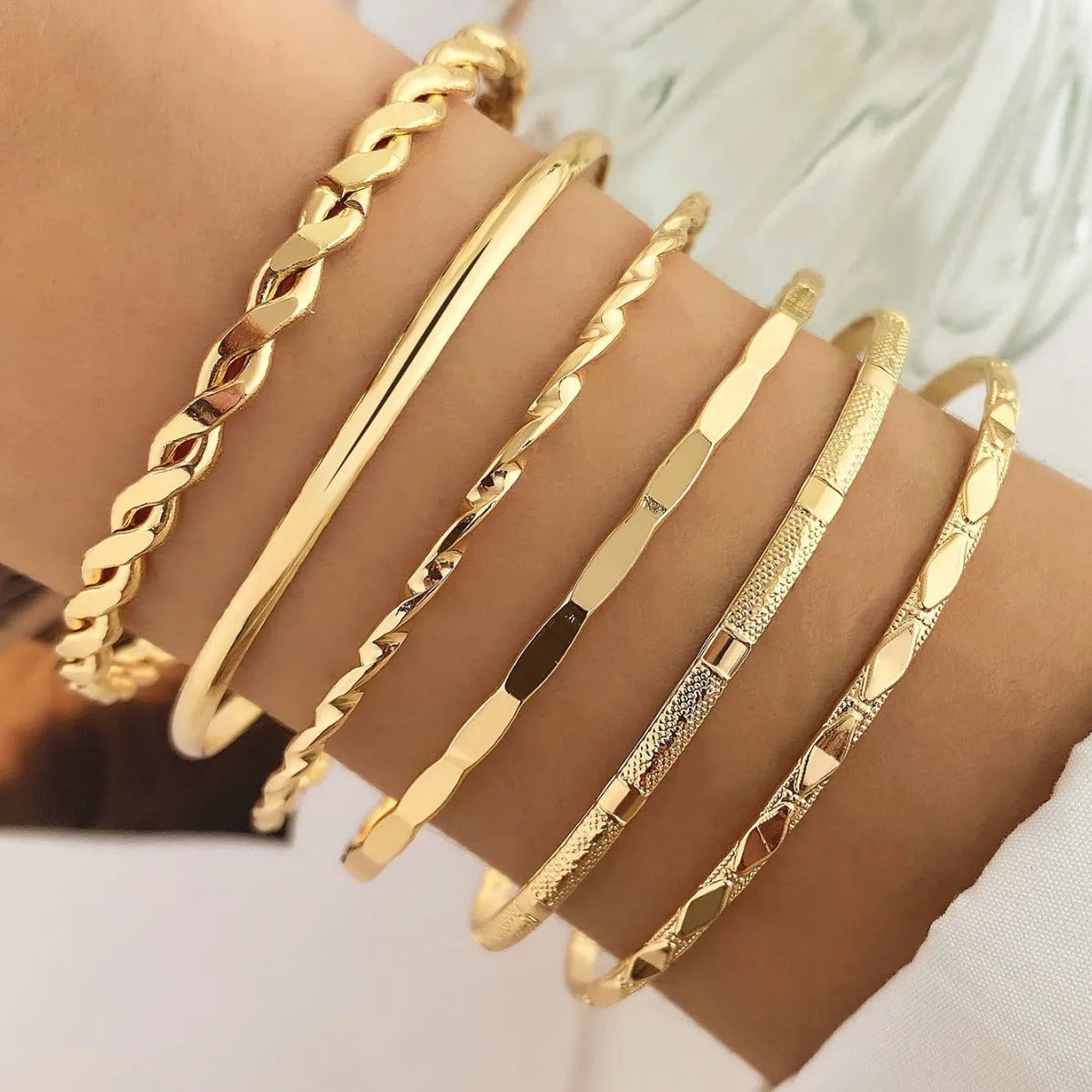 Gold tone bohemian metal chain bracelet set for women with geometric links and musical note bangles
