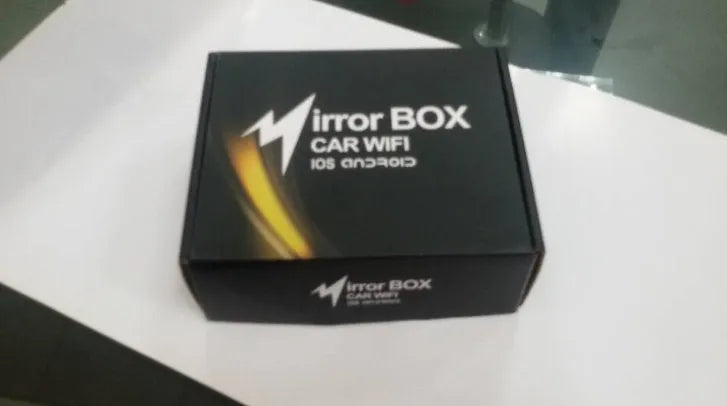 Black Car Mirror Link Box Wi-Fi AV converter kit with host unit, power cable, antenna, and AV cable