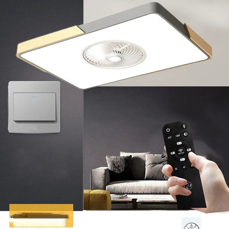 Nordic ceiling fan with light in solid wood rectangular, round, and square frame options.