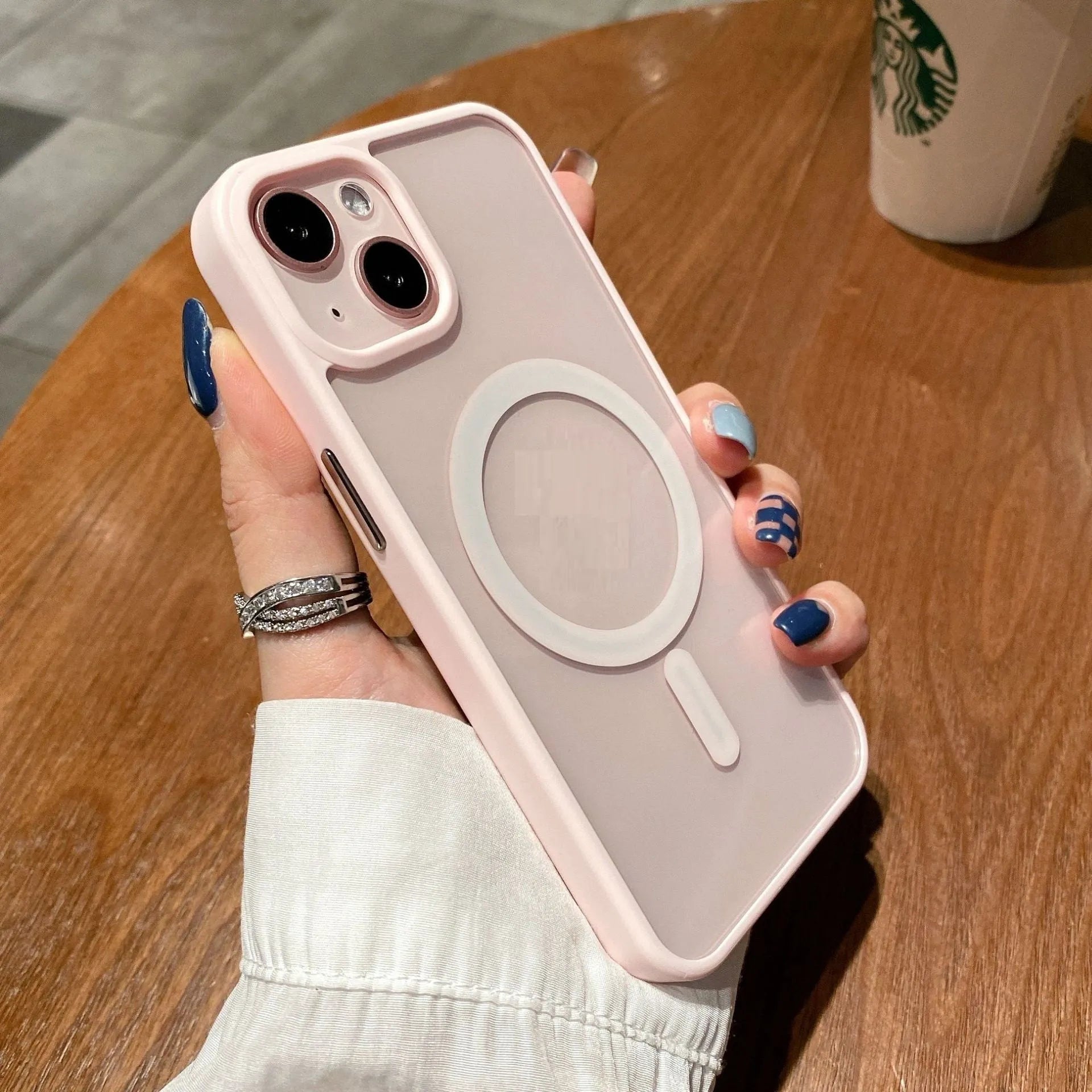 Transparent acrylic MagSafe phone case for iPhone showing magnetic ring and colour options