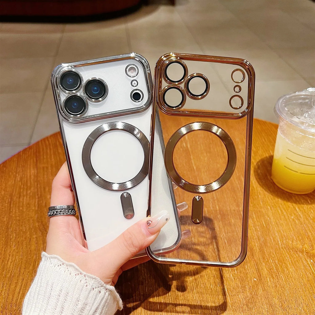 Magnetic TPU iPhone case with transparent lens protector and electroplated tail in black, dark night purple, and far peak blue.