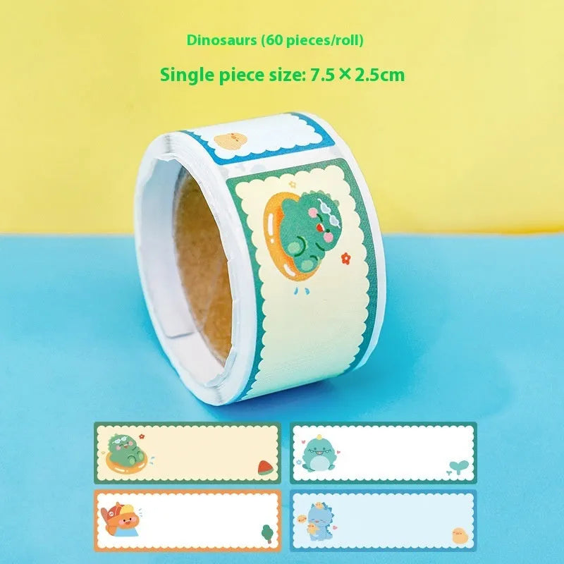 Cartoon tape name stickers in dinosaur, astronaut, rabbit and girl designs with 60 stickers per roll