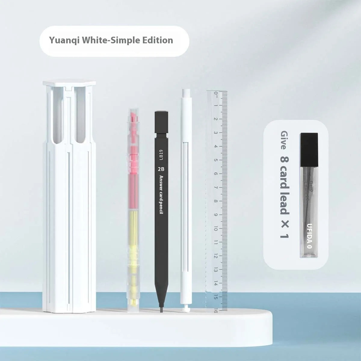 Plastic six pen pressing pencil box kit in sky blue, white, or pink.