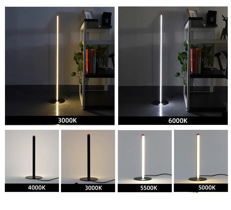 Simple modern vertical aluminium alloy floor lamp with LED light in a living room corner.