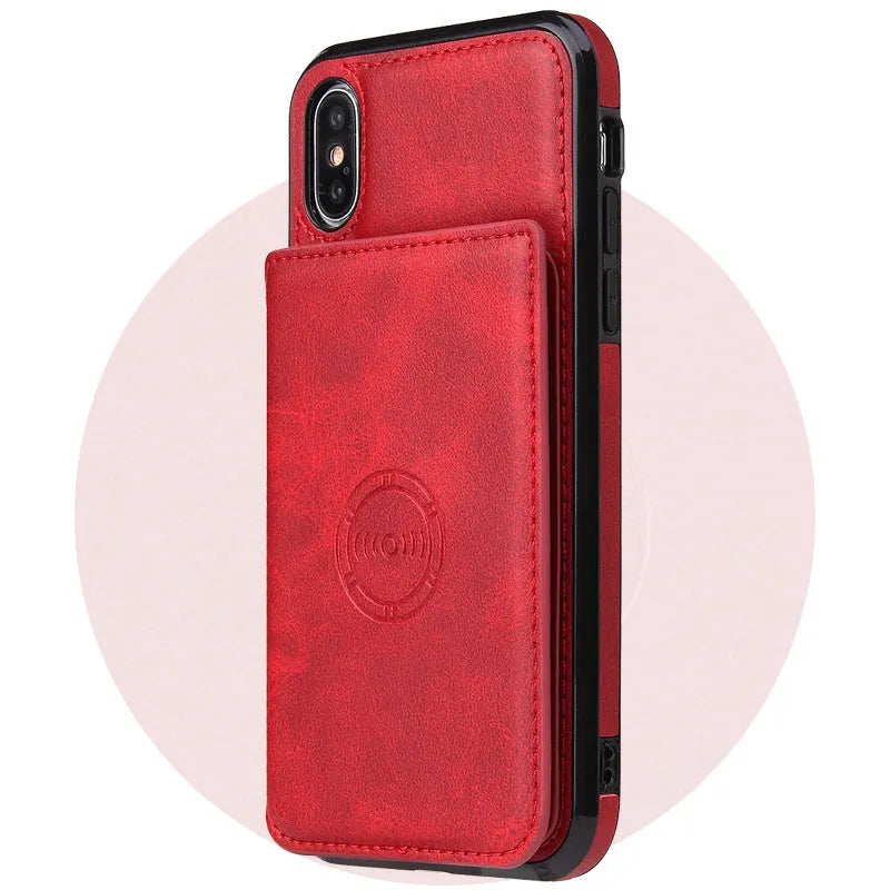 Imitation leather card wallet iPhone case showing card slots and available colour options
