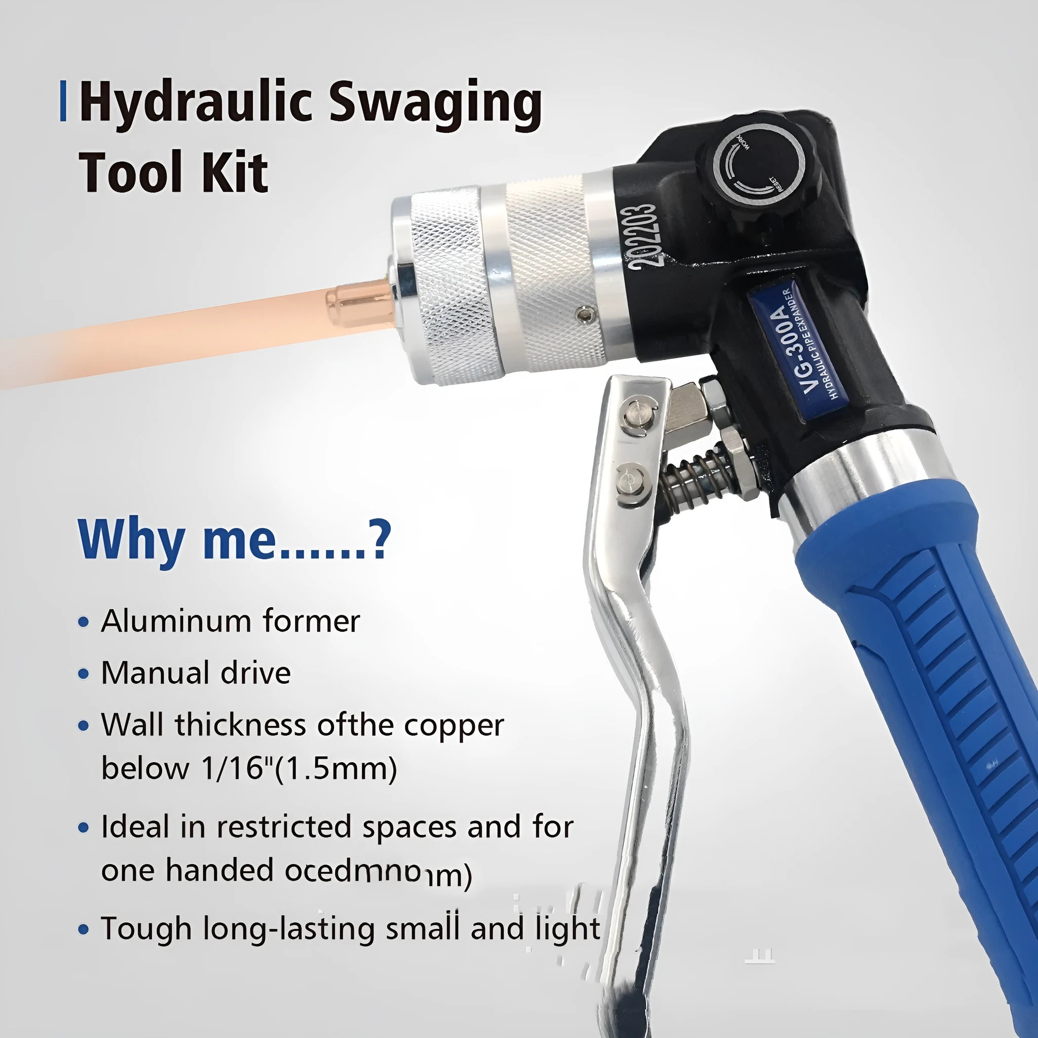 VG-300 style hydraulic tube expander tool for refrigeration work made from alloy steel.