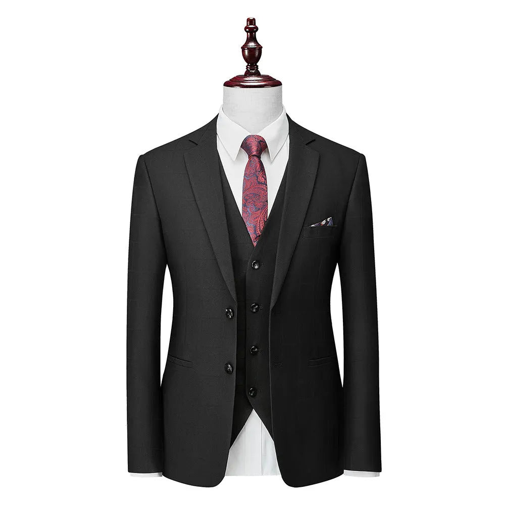Men's navy blue plaid slim fit three-piece business casual suit on a hanger.