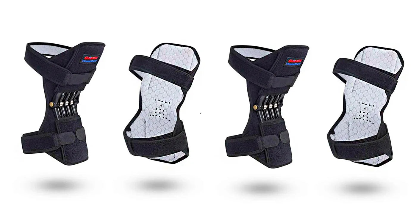 Black adjustable knee brace with patella support and visible booster spring mechanism for sports.