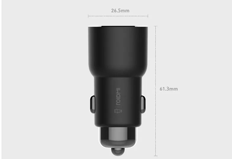 Ruimi 3S black car charger with USB ports measuring 26.5x26.5x61.3mm