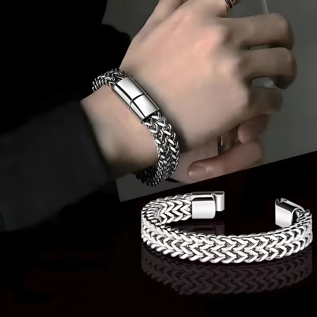 Silver geometric men's stainless steel bracelet shown front and back, available in multiple lengths.