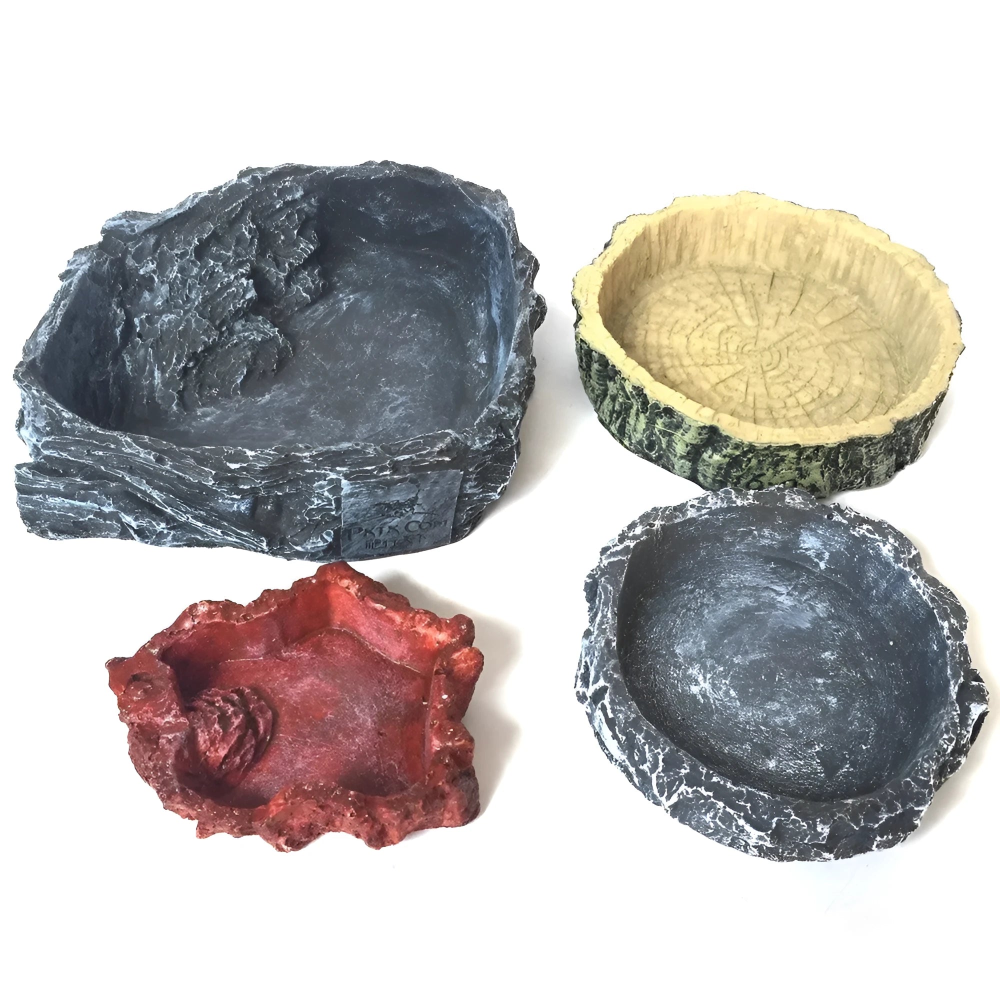Pet feeder set with snack bowl, wood pattern bowl, grey basin, and large food bowl for dogs and cats