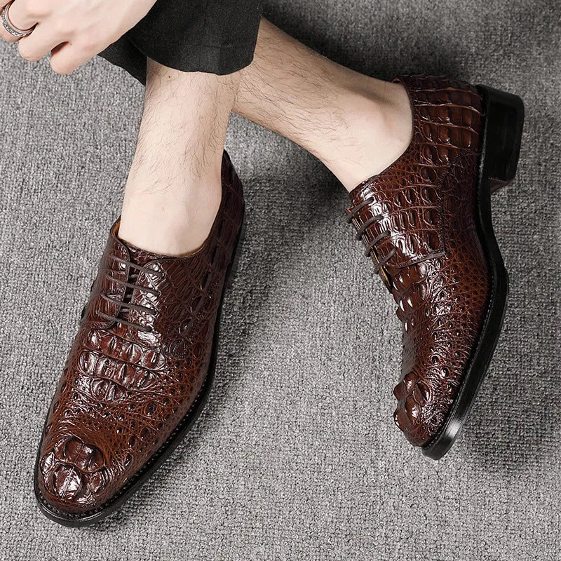Handmade men's crocodile leather formal shoes in black, round toe, low-top, genuine leather sole