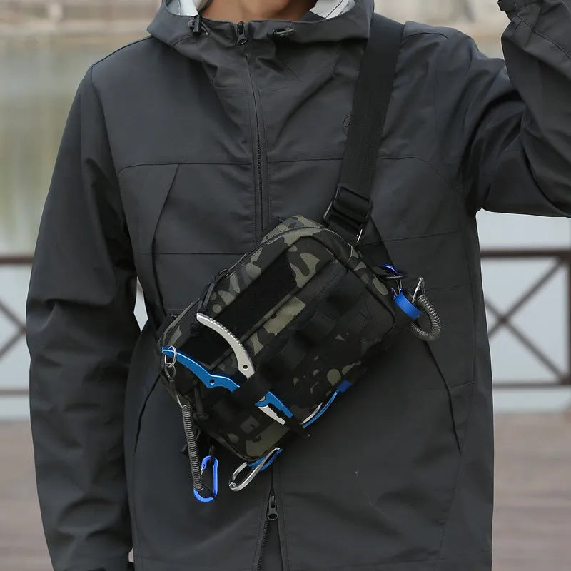 Tactical chest bag in black polyester with under 20L capacity for hiking and cycling