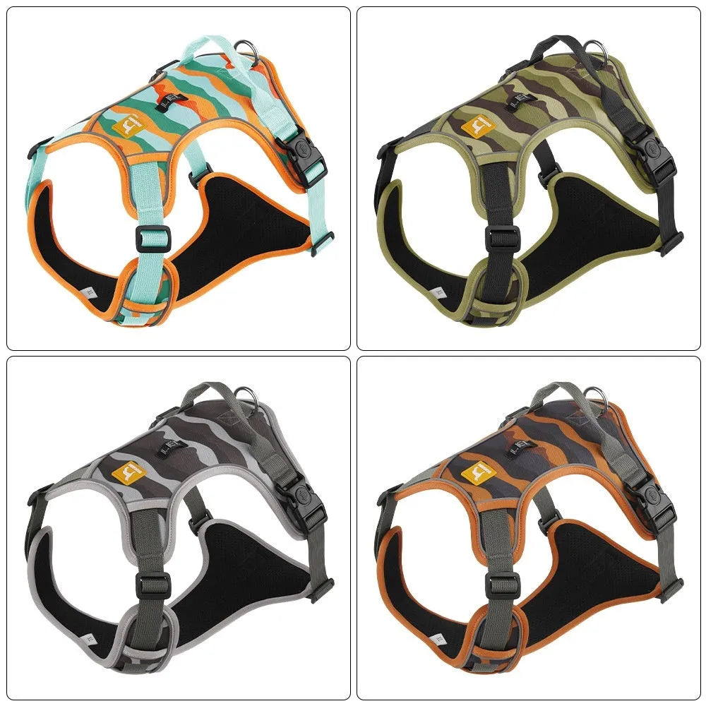 Reflective orange dog harness with chest and back rope attachments and a hand-holding lead.