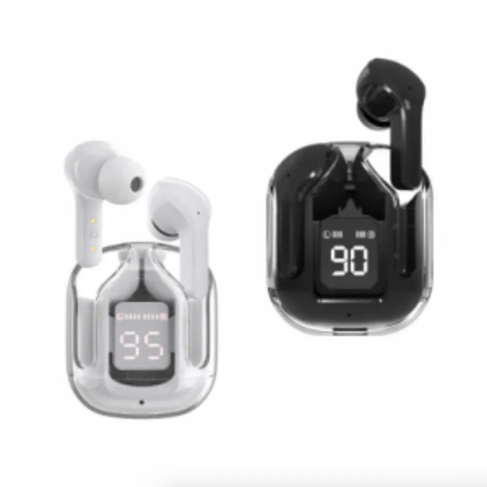 Transparent space capsule case containing true wireless Bluetooth headphones with a digital display screen.