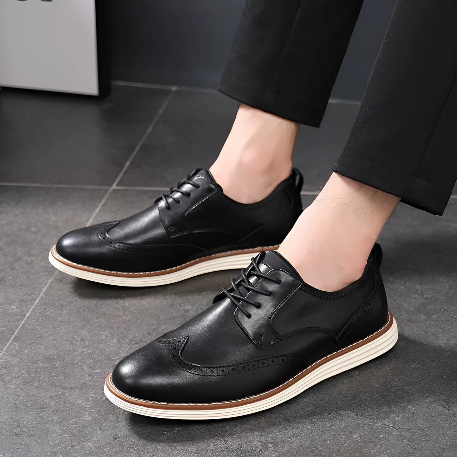 Men's slip-on business formal casual shoes in black and brown with PU upper and carved detailing, low top design, sizes 39-46
