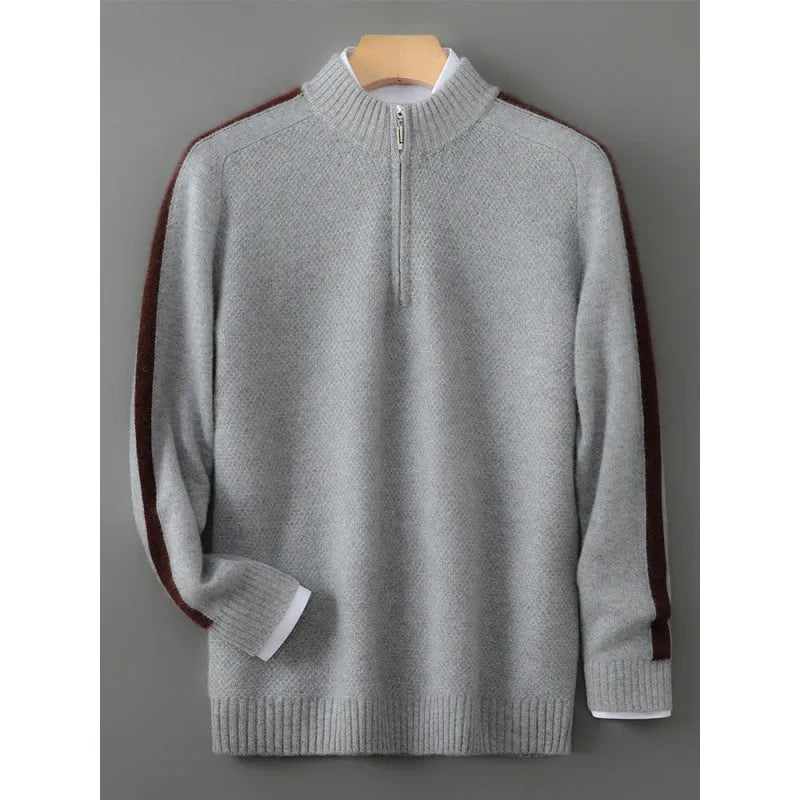 Men's slim fit half zip wool sweater in grey, showing round neck and regular sleeves.