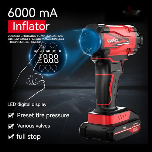 Red and black portable car wireless air pump with nozzles and power cable for tyre inflation