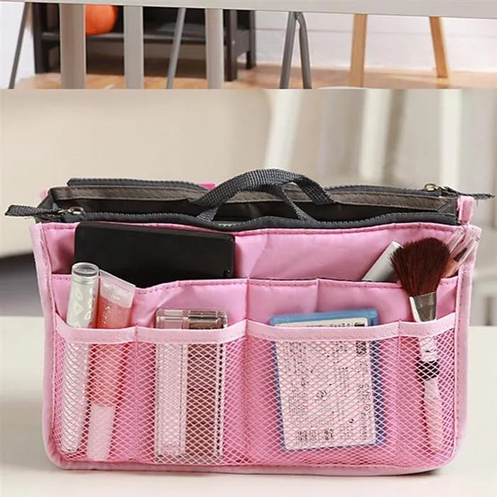 Travel cosmetic organizer bag double zipper 28.5x18.5x10cm 210T polyester silk cotton 90g
