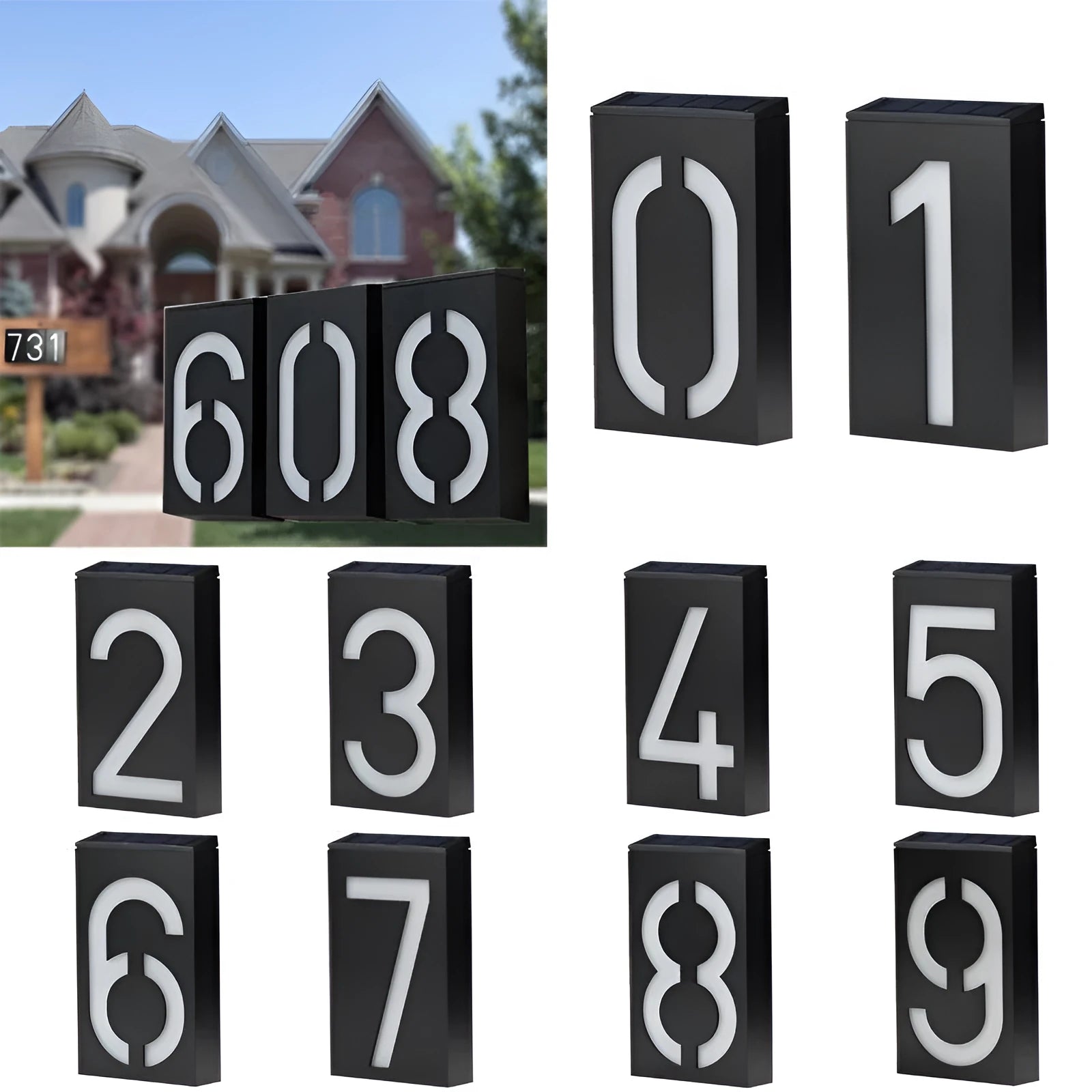 Solar powered outdoor house number light with white LEDs and waterproof ABS housing
