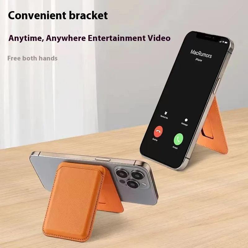 Magsafe magnetic card holder folding bracket in embossed imitation leather, 9.3 x 6.3 x 0.9 cm, shown in black
