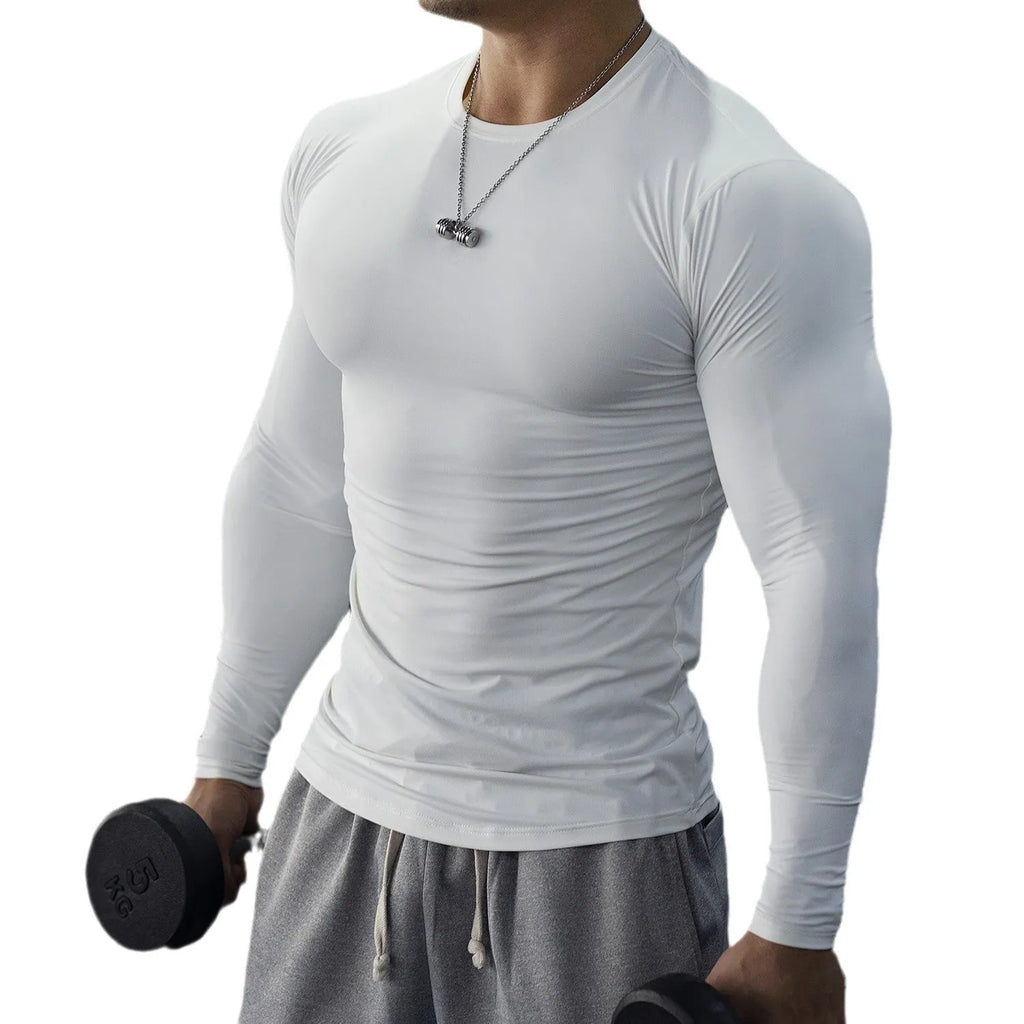 Men's black fitness tights with long sleeves and slim fit design for athletic activities