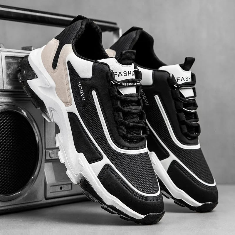Men's breathable mesh running shoes, low-cut lace-up trainers with plastic sole, black khaki or black and blue, sizes 39-44