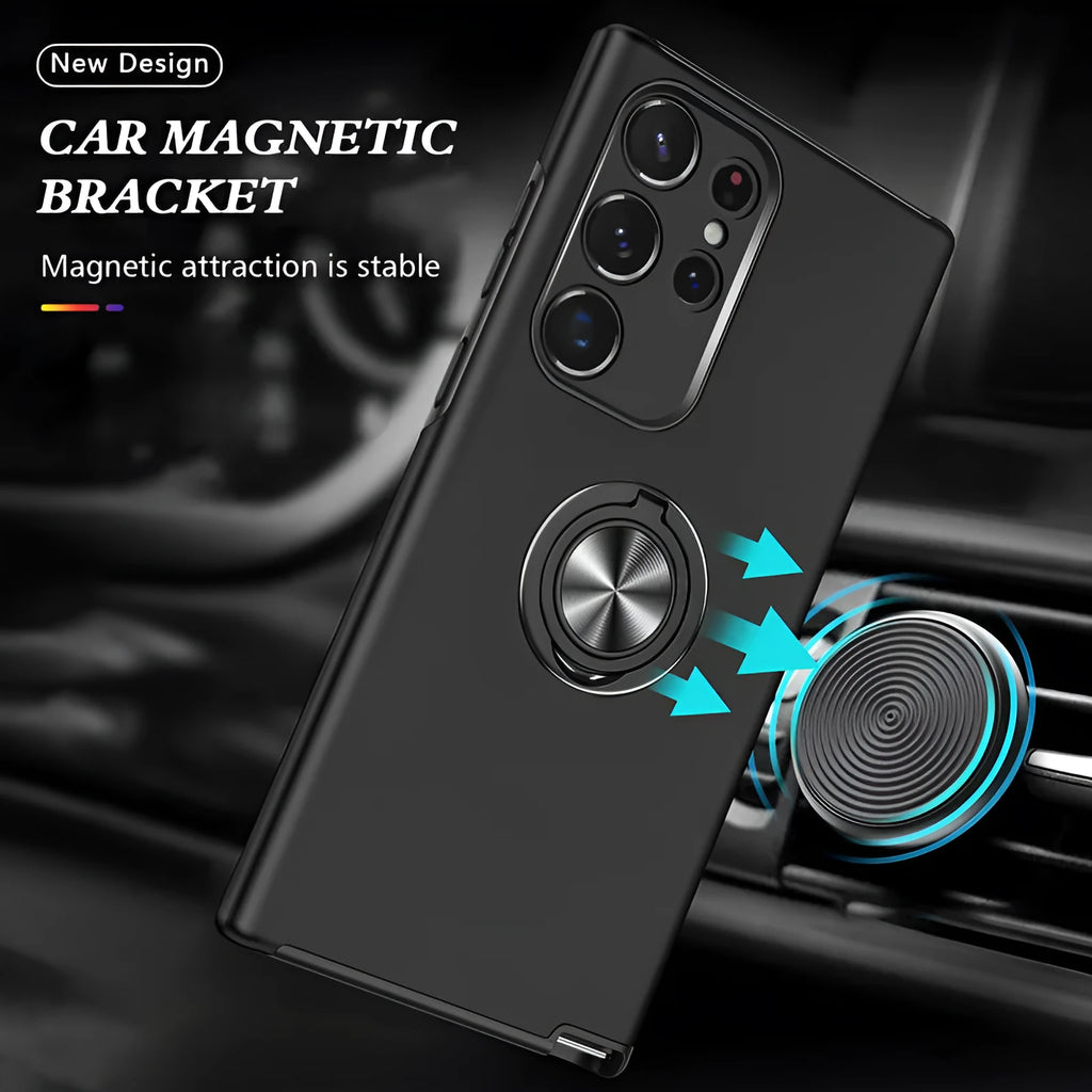 Magnetic ring stand anti drop Samsung phone case in PU, back cover with bracket and magnetic suction