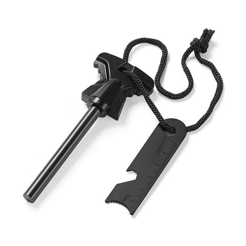 Butterfly-shaped stainless steel and ferrocerium fire starting survival tool with bottle opener.