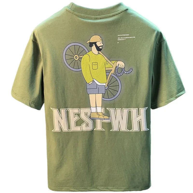 Green men's loose fit t-shirt with literary youth print on front, short sleeves