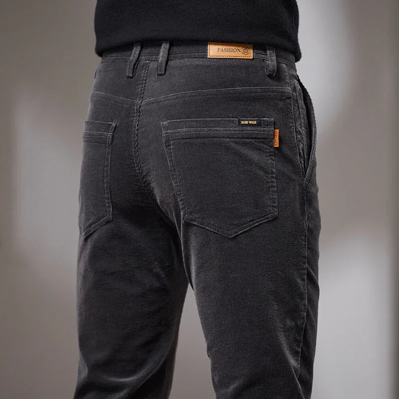 Slim fit straight corduroy trousers in cotton, mid waist, four colours, sizes 28-40