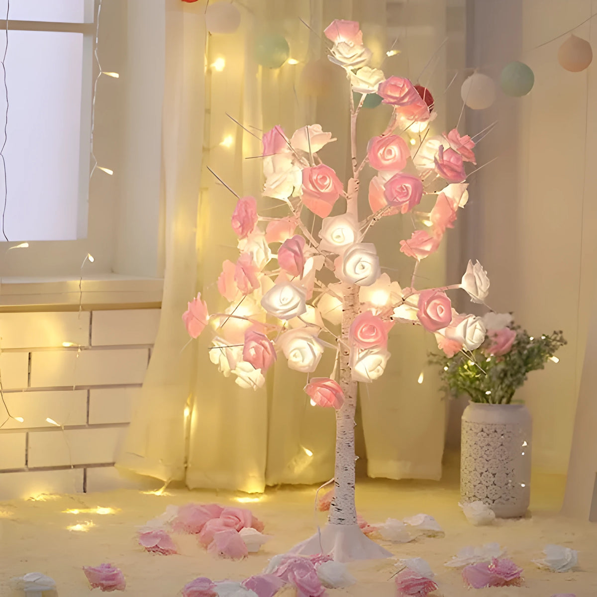 60cm rose tree lamp with 7cm pink and white rose heads and USB battery dual-purpose power
