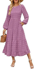 Women's beige high waist long sleeve dress with ruffled sleeves on a hanger.