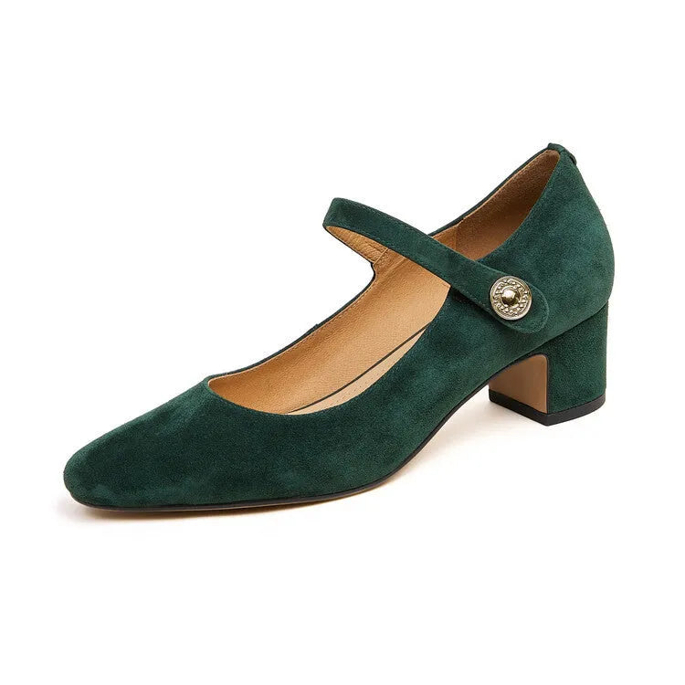 Women's black suede Mary Jane shoes with a square toe and chunky heel on a white background.