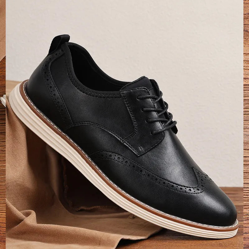 Men's slip-on business formal casual shoes in black and brown with PU upper and carved detailing, low top design, sizes 39-46