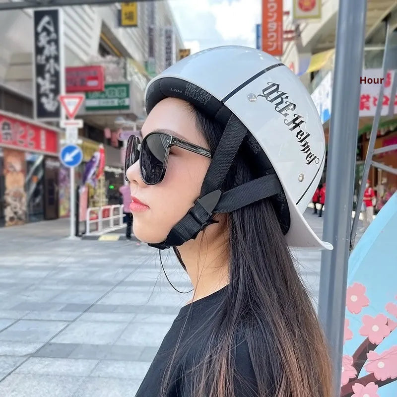 Retro ABS motorcycle helmet in Bright Black Cement Grey, available in multiple sizes for women and general riders